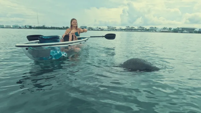 Crystal clear kayak over sea grass and fish