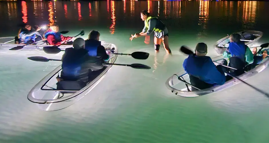 LED illuminated clear kayak night tour