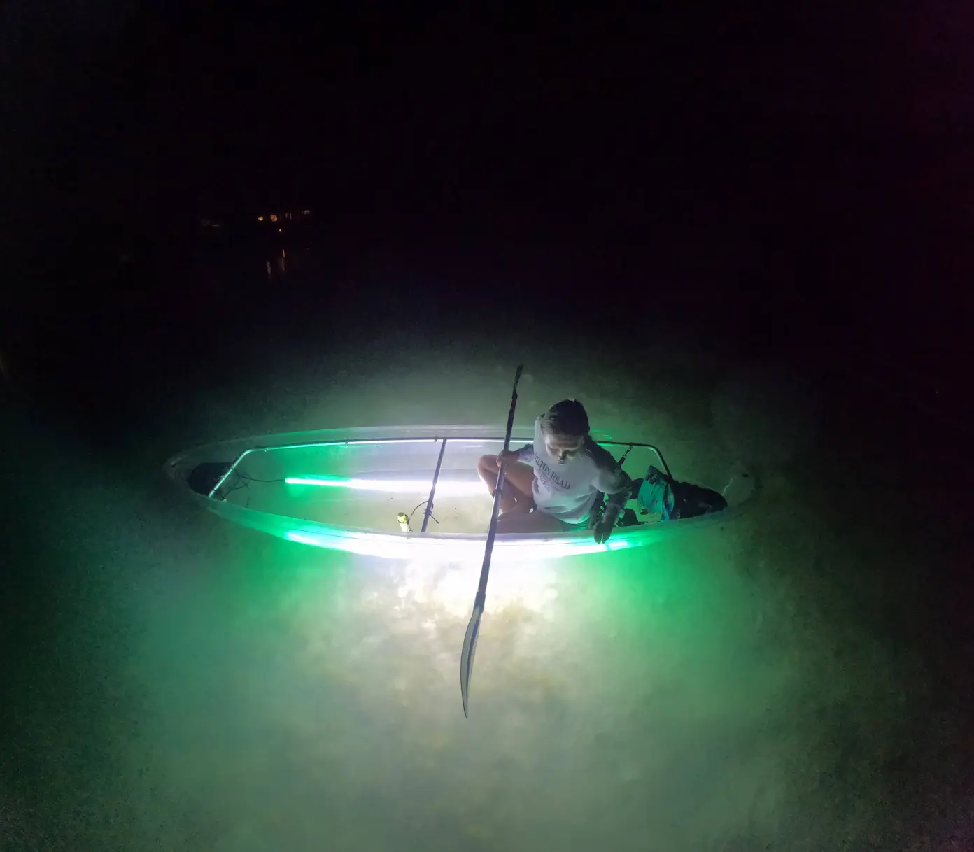 Close up LED kayak lights illuminating water Sarasota